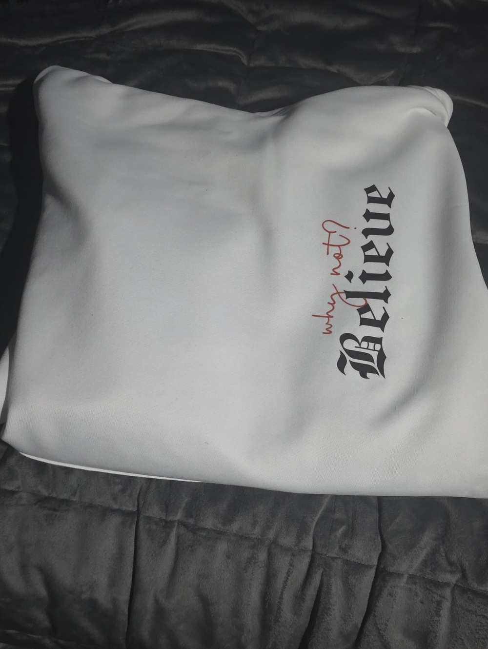 SHEIN White MENS hoodie with Black Gothic & Red Script Logo
